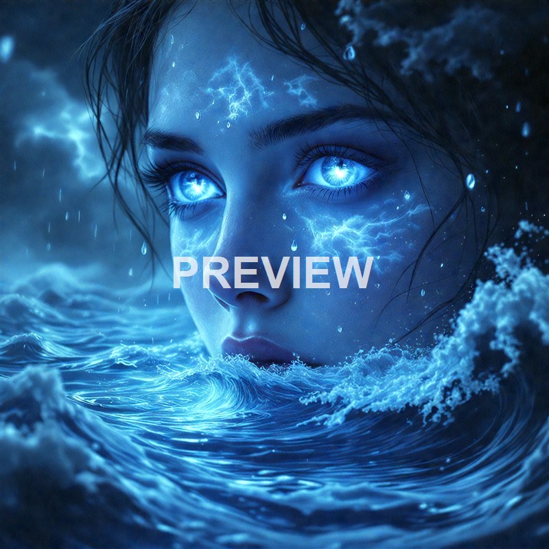 A surreal digital artwork depicting a woman's face emerging from turbulent ocean waves, with her eyes glowing intensely and surrounded by lightning and storm clouds.